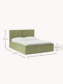 Letto imbottito in velluto a coste con vano contenitore Dream, Rivestimento: velluto a coste (92% poli, Piedini: legno di betulla Questo p, Velluto a coste verde oliva, Larg. 140 x Lung. 200 cm