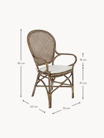 Sedia con braccioli Miel, Struttura: legno di rattan laccato, Seduta: cotone, Cotone bianco, rattan, Larg. 55 x Alt. 96 cm