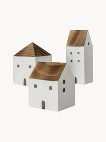 Figuras decorativas casas de madera de pino Gotan, 3 uds., Madera de pino, Madera oscura, blanco, Set de diferentes tamaños