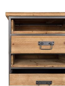 Dressoir Damian van hout en metaal, Kastbodem, frame, handvat en poten: grijs. Lades: dennenhoutkleurig, 113 x 75 cm