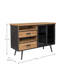 Dressoir Damian van hout en metaal, Kastbodem, frame, handvat en poten: grijs. Lades: dennenhoutkleurig, 113 x 75 cm