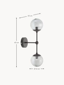 Grote wandlamp Beth van rookglas, Frame: gepoedercoat metaal, Grijs, zwart, D 20 x H 45 cm