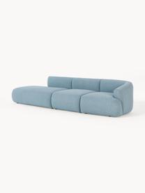 Diván modular grande en tejido bouclé Sofia, Tapizado: tejido bouclé (100% polié, Estructura: madera de abeto, tablero , Patas: plástico Este producto es, Bouclé azul, An 340 x F 103 cm, módulo esquina derecha