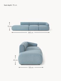 Chaise longue XL componibile in bouclé Sofia, Rivestimento: bouclé (100% poliestere) , Struttura: legno di abete rosso, tru, Piedini: plastica Questo prodotto , Bouclé blu, Larg. 340 x Prof. 103 cm, modulo angolare destro