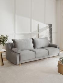 Divano letto 3 posti in velluto grigio con contenitore Lea, Rivestimento: velluto di poliestere Il , Piedini: metallo verniciato a polv, Velluto grigio, ottonato, Larg. 215 x Alt. 94 cm