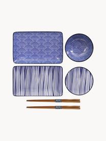 Handgemaakte porseleinen serviesset Nippon met eetstokjes, 2 personen (6-delig), Blauw, wit, donker hout, Set met verschillende groottes