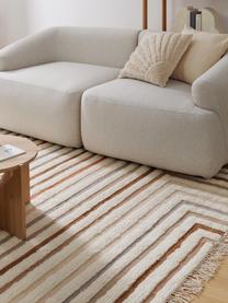 Tapis kilim tissé main avec franges Calais, 80 % laine, 20 % coton

Les tapis en laine peuvent perdre des fibres lors des premières semaines et des peluches peuvent se former, ce phénomène est naturel et diminue à mesure de votre usage et du temps, Beige, terracotta, taupe, larg. 80 x long. 150 cm (taille XS)