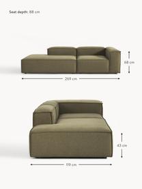 Chaise longue componibile Lennon, Rivestimento: 100% poliestere Con 115.0, Struttura: legno di pino massiccio, , Piedini: plastica Questo prodotto , Tessuto verde oliva, Larg. 269 x Prof. 119 cm, schienale a destra