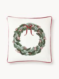 Samt-Kissenhülle Rosaline mit gesticktem Weihnachtskranz, Off White, Grüntöne, Rot, B 50 x L 50 cm