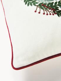 Samt-Kissenhülle Rosaline mit gesticktem Weihnachtskranz, Off White, Grüntöne, Rot, B 50 x L 50 cm