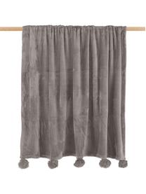 Zachte plaid Bomla in taupe met pompoms, Polyester, Taupe, B 130 x L 170 cm