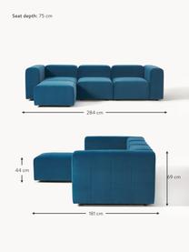 Canapé modulable 4 places en velours avec pouf Lena, Velours bleu pétrole, larg. 284 x prof. 181 cm