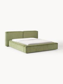 Cama tapizada en pana Lennon, con espacio de almacenamiento, Tapizado: pana (98% poliéster, 2% p, Estructura: madera de pino maciza, ma, Patas: madera, plástico Este pro, Pana verde oliva, An 228 x L 243 cm (colchón 160 x 200 cm)