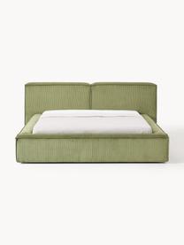 Cama tapizada en pana Lennon, con espacio de almacenamiento, Tapizado: pana (98% poliéster, 2% p, Estructura: madera de pino maciza, ma, Patas: madera, plástico Este pro, Pana verde oliva, An 228 x L 243 cm (colchón 160 x 200 cm)