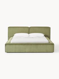 Gestoffeerd bed Lennon van corduroy met opbergfunctie, Bekleding: corduroy (98% polyester, , Frame: massief grenenhout, multi, Poten: hout, kunststof Dit produ, Corduroy olijfgroen, B 228 x L 243 cm (ligvlak 160 x 200 cm)