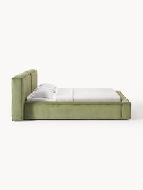 Cama tapizada en pana Lennon, con espacio de almacenamiento, Tapizado: pana (98% poliéster, 2% p, Estructura: madera de pino maciza, ma, Patas: madera, plástico Este pro, Pana verde oliva, An 228 x L 243 cm (colchón 160 x 200 cm)