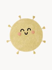 Handgeweven kindervloerkleed You're My Sunshine met kwastjes, wasbaar, Bovenzijde: 97% katoen, 3% kunstvezel, Onderzijde: 100% polyester, Mosterdgeel, Ø 100 cm (maat S)