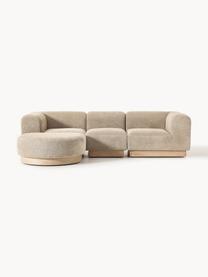 Modulares Sofa Natalie (3-Sitzer) aus Teddy-Bouclé mit Hocker, Bezug: Teddy-Bouclé (100 % Polye, Gestell: mitteldichte Holzfaserpla, Sockel: Massives Buchenholz, lack, Teddy-Bouclé Beige, helles Buchenholz, B 283 x T 197 cm