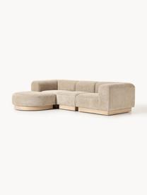 Modulares Sofa Natalie (3-Sitzer) aus Teddy-Bouclé mit Hocker, Bezug: Teddy-Bouclé (100 % Polye, Gestell: mitteldichte Holzfaserpla, Sockel: Massives Buchenholz, lack, Teddy-Bouclé Beige, helles Buchenholz, B 283 x T 197 cm