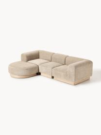 Modulares Sofa Natalie (3-Sitzer) aus Teddy-Bouclé mit Hocker, Bezug: Teddy-Bouclé (100 % Polye, Gestell: mitteldichte Holzfaserpla, Sockel: Massives Buchenholz, lack, Teddy-Bouclé Beige, helles Buchenholz, B 283 x T 197 cm