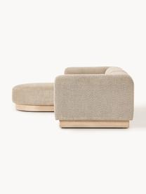 Modulares Sofa Natalie (3-Sitzer) aus Teddy-Bouclé mit Hocker, Bezug: Teddy-Bouclé (100 % Polye, Gestell: mitteldichte Holzfaserpla, Sockel: Massives Buchenholz, lack, Teddy-Bouclé Beige, helles Buchenholz, B 283 x T 197 cm