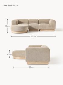 Modulares Sofa Natalie (3-Sitzer) aus Teddy-Bouclé mit Hocker, Bezug: Teddy-Bouclé (100 % Polye, Gestell: mitteldichte Holzfaserpla, Sockel: Massives Buchenholz, lack, Teddy-Bouclé Beige, helles Buchenholz, B 283 x T 197 cm