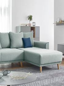 Divano letto angolare in tessuto verde menta con contenitore Mola, Rivestimento: 100% poliestere, Struttura: legno, truciolato, Piedini: legno, Verde menta, blu scuro, Larg. 245 x Prof. 164 cm