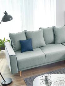 Divano letto angolare in tessuto verde menta con contenitore Mola, Rivestimento: 100% poliestere, Struttura: legno, truciolato, Piedini: legno, Verde menta, blu scuro, Larg. 245 x Prof. 164 cm