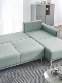 Divano letto angolare in tessuto verde menta con contenitore Mola, Rivestimento: 100% poliestere, Struttura: legno, truciolato, Piedini: legno, Verde menta, blu scuro, Larg. 245 x Prof. 164 cm