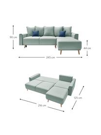 Divano letto angolare in tessuto verde menta con contenitore Mola, Rivestimento: 100% poliestere, Struttura: legno, truciolato, Piedini: legno, Verde menta, blu scuro, Larg. 245 x Prof. 164 cm