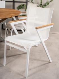 Sillas con reposabrazos de exterior Mexico, 2 uds., Estructura: aluminio pintado, Asiento: textil, Reposabrazos: madera de teca, Blanco, teca, An 57 x F 63 cm