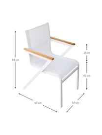 Sillas con reposabrazos de exterior Mexico, 2 uds., Estructura: aluminio pintado, Asiento: textil, Reposabrazos: madera de teca, Blanco, teca, An 57 x F 63 cm