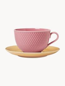 Tasse en porcelaine avec sous-tasse Rhombe, Porcelaine, Vieux rose, jaune soleil, Ø 12 x haut. 8 cm, 390 ml