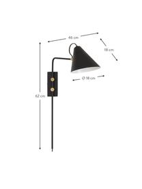 Grote verstelbare wandlamp Club met stekker, Lampenkap: gepoedercoat ijzer, Decoratie: vermessingd metaal, Lamp: zwart. Details: messingkleurig, D 46 x H 62 cm