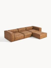 Canapé d'angle modulable 4 places en cuir recyclé avec pouf Lennon, Cuir brun, larg. 327 x prof. 207 cm
