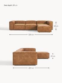 Modulares Sofa Lennon (4-Sitzer) aus recyceltem Leder mit Hocker, Bezug: Recyceltes Leder (70 % Le, Gestell: Massives Holz, Sperrholz, Leder Braun, B 329 x T 207 cm