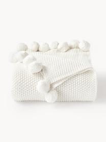 Coperta a maglia con pompon Molly, 100 % cotone, Bianco latte, Larg. 130 x Lung. 170 cm