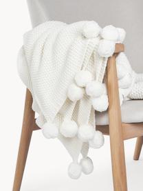 Coperta a maglia con pompon Molly, 100 % cotone, Bianco latte, Larg. 130 x Lung. 170 cm