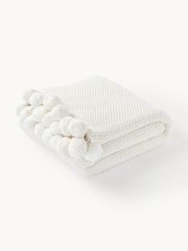 Coperta a maglia con pompon Molly, 100 % cotone, Bianco latte, Larg. 130 x Lung. 170 cm