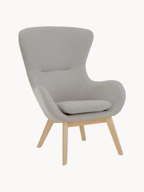 Fauteuil à oreilles avec pieds en bois Wing, Tissu gris, bois clair, larg. 77 x prof. 89 cm