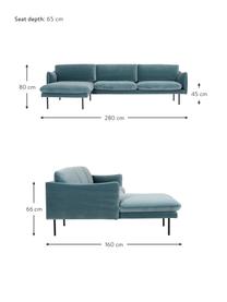 Samt-Ecksofa Moby, Bezug: Samt (Hochwertiger Polyes, Gestell: Massives Kiefernholz, FSC, Füße: Metall, pulverbeschichtet, Samt Petrol, B 280 x T 160 cm, Eckteil links