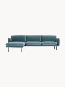 Samt-Ecksofa Moby, Bezug: Samt (Hochwertiger Polyes, Gestell: Massives Kiefernholz, FSC, Füße: Metall, pulverbeschichtet, Samt Petrol, B 280 x T 160 cm, Eckteil links