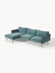 Samt-Ecksofa Moby, Bezug: Samt (Hochwertiger Polyes, Gestell: Massives Kiefernholz, Bir, Füße: Metall, pulverbeschichtet, Samt Petrol, B 280 x T 160 cm, Eckteil rechts