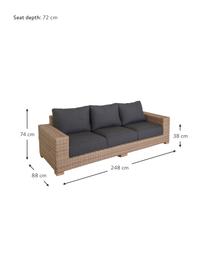 Outdoor zitbank Saba (3-zits), Frame: polyrotan, UV-bestendig, Poten: massief acaciahout, Frame: aluminium, Bekleding: polyester, UV-bestendig e, Bruin, 248 x 74 cm