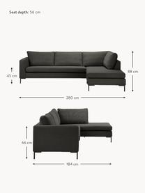 Sofa narożna Luna, Tapicerka: 100% poliester z certyfik, Stelaż: lite drewno bukowe, sklej, Nogi: metal galwanizowany, Antracytowa tkanina, S 280 x G 184 cm, prawostronna