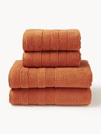 Lot de serviettes de bain avec bordure décorative Luxe, set de tailles variées, Terracotta, 3 éléments (1 serviette invité, 1 serviette de toilette et 1 drap de bain)