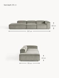 Diván modular grande de pana Lennon, Tapizado: pana (92% poliéster, 8% p, Estructura: madera contrachapada de p, Patas: plástico Las patas están , Pana gris, An 357 x F 119 cm, reposabrazos izquierdo