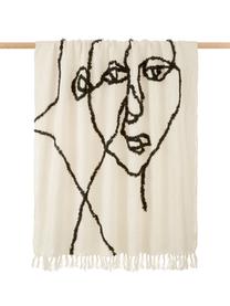 Plaid coton imprimé abstrait Face, 100 % coton, Blanc ivoire, noir, larg. 130 x long. 170 cm