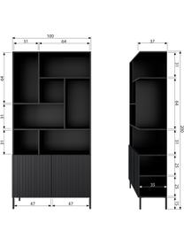 Schwarzes Standregal Gravure mit Stauraum, Korpus: Kiefernholz, massiv, lack, Füße: Metall, lackiert, Einlegeböden: Sperrholz, laminiert, Schwarz, B 100 x H 200 cm