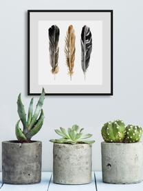 Ingelijste digitale Three Feathers, Afbeelding: digitale print, Lijst: metaal, Wit, zwart, bruin, 30 x 30 cm